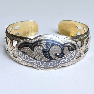 Vintage Russian Soviet USSR Solid Silver 875 Kubachi Niello Cuff Bracelet 20.4 g
